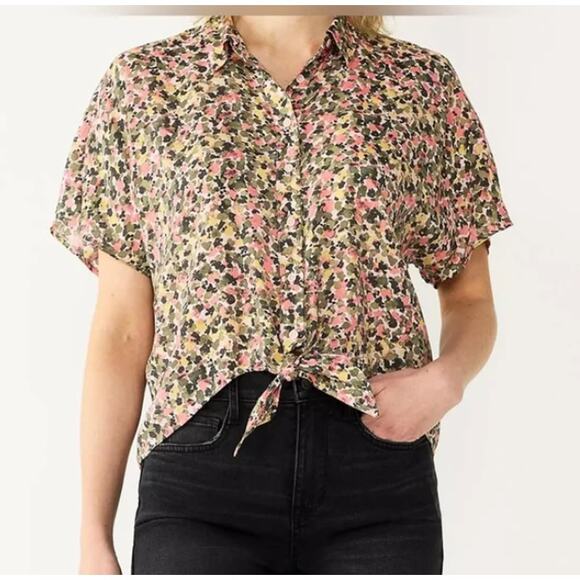 Nine West (M) Floral Button Up Front Tie Collared Short Sleeve Shirt Blouse Top - Picture 2 of 12